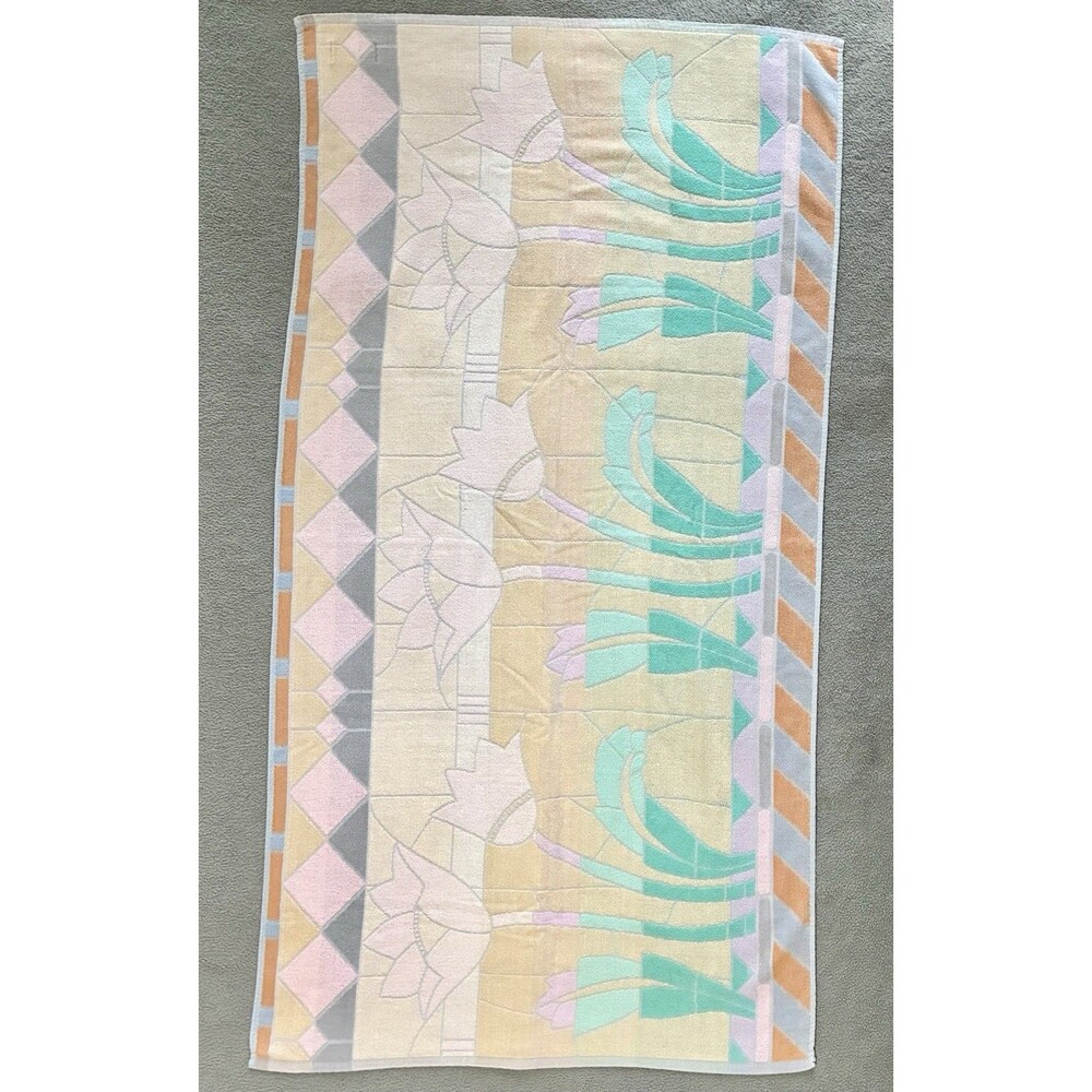 Vintage Royal Terry Beach Towel Flowers Tulips Pastel Floral Geometric Yellow